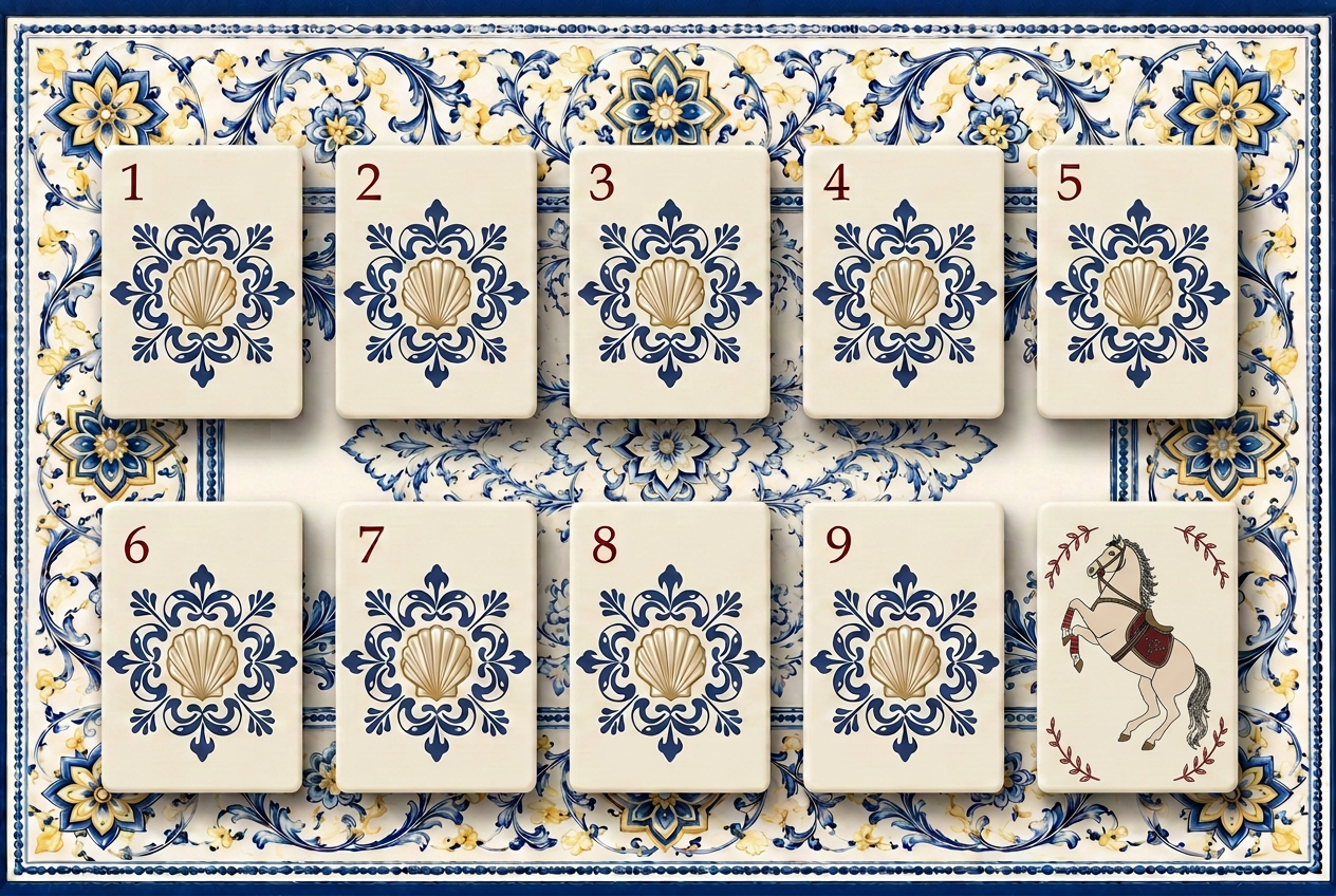 Coastal Tile Society crak suit tiles with navy filigree medallions and gold shells on the Valencia mat