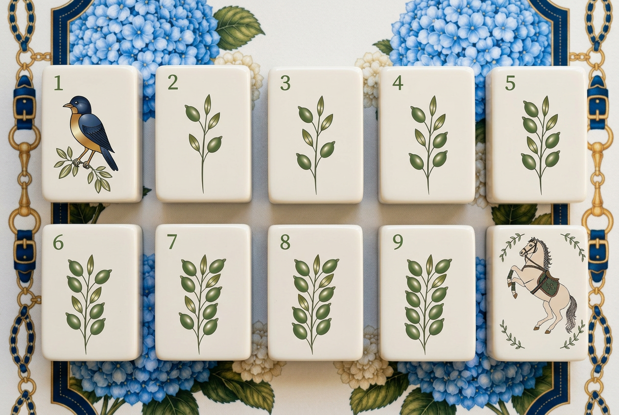 Coastal Tile Society bam suit tiles with olive branches and a songbird on the Newport mat