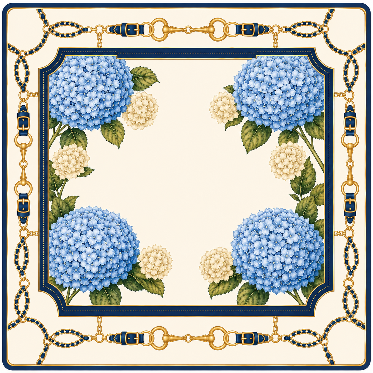 Newport mat design with blue hydrangeas and a navy and gold chain border