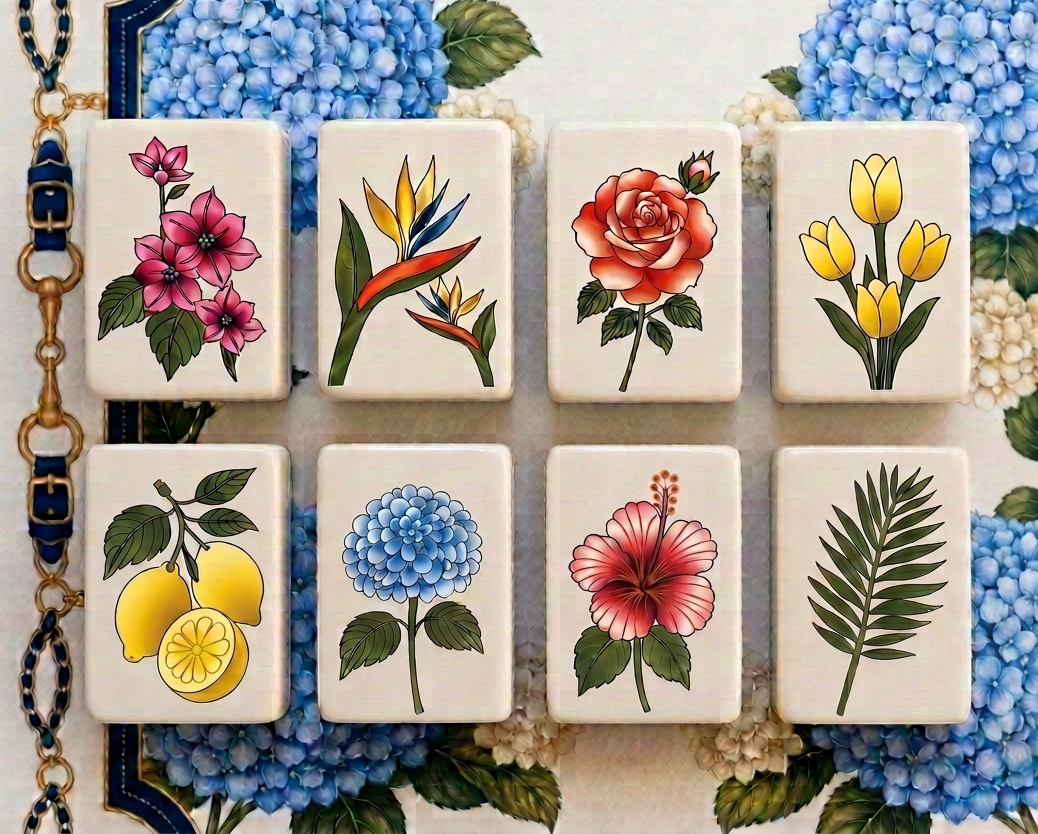 Botanical mahjong tiles with florals on a blue hydrangea background